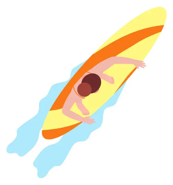 Vector illustration of Woman riding surfboard top view. Extreme water sport