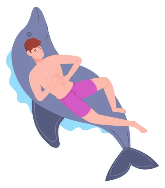 Vector illustration of Man swimming on inflatable mattress. Cartoon pool air bed
