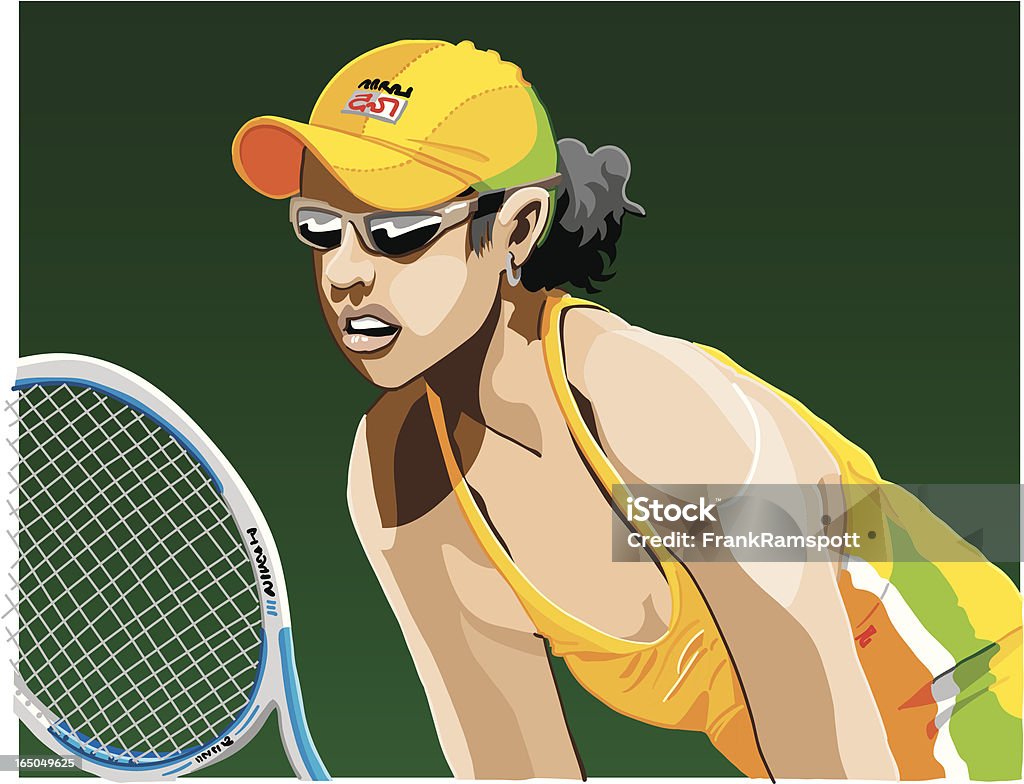 Female Tennis Player "Vector Illustration of a female Tennis Player who is waiting for the opponents serve. The background is on a separate layer, so you can use the illustration on your own background. The colors in the .eps and .ai-files are ready for print (CMYK). Included files: EPS (v8), AI (CS2) and Hi-Res JPG." Cartoon stock vector