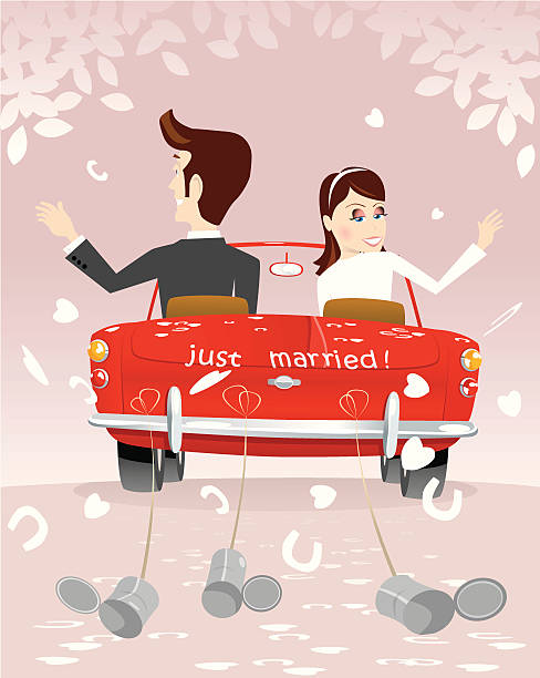 ilustrações, clipart, desenhos animados e ícones de recém-casados casal dirigindo de distância em lua de mel - honeymoon wedding married engagement