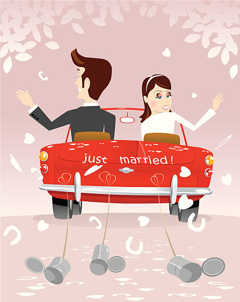 Newlywed couple driving away on honeymoon Newly married husband and wife driving away from the wedding ceremony, off to their honeymoon vacation. There is confetti flying through the air as they drive off. Car/couple element are separate from background, and confetti is movable, as are tin cans and leaves. wedding dress back stock illustrations