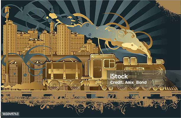 Неординарный Паровая Машина Поезд В Коричневый И Blues — стоковая векторная графика и другие изображения на тему Паровоз