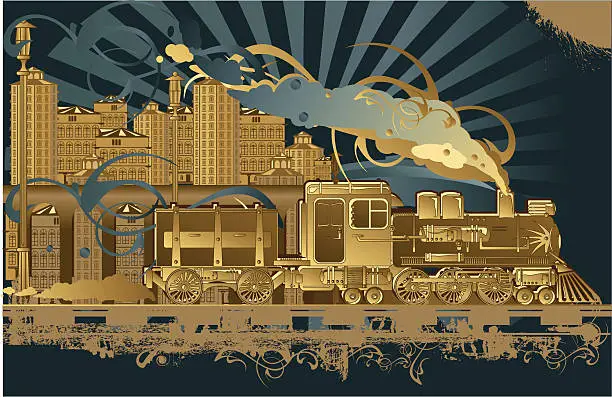 Vector illustration of Funky Steam Engine Train in Brown and Blues