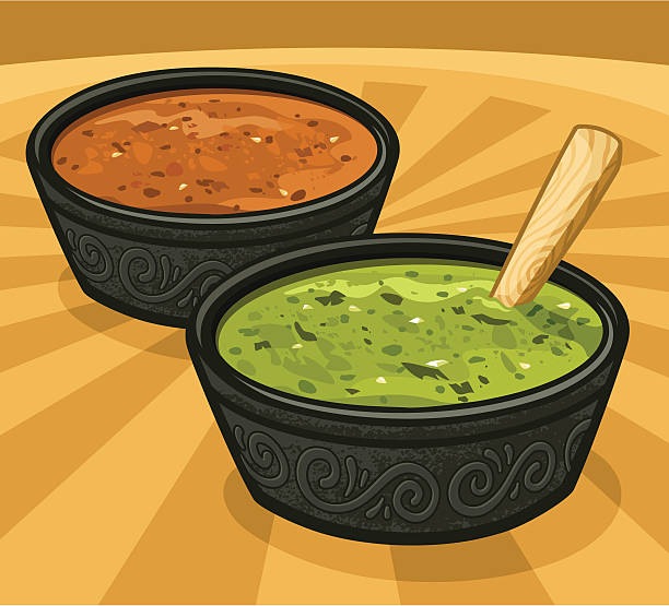 зеленый & красный salsas (горячих острых соусы - spice condiment spoon wooden spoon stock illustrations