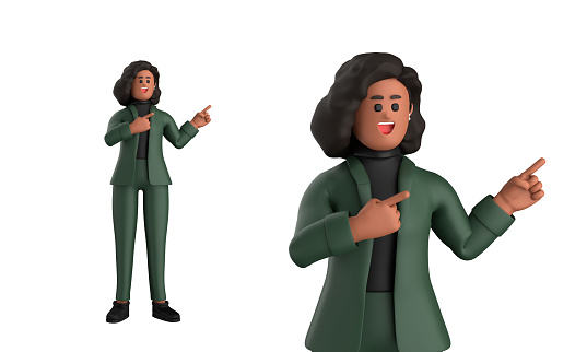 3d black business woman executive wearing a green suit pose standing with laptop, tablet, mobile phone, megaphone isolated on white background, 3d rendering