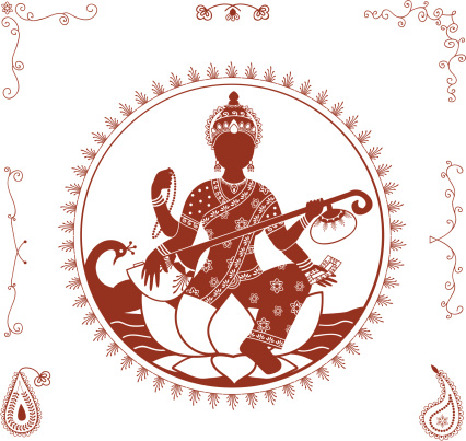 An illustration of Sarasvati, the Hindu Goddess of learning and the arts (the instrument is a vina), with corners and paisleys - inspired by the art of mehndi (henna painting). (Includes .jpg)