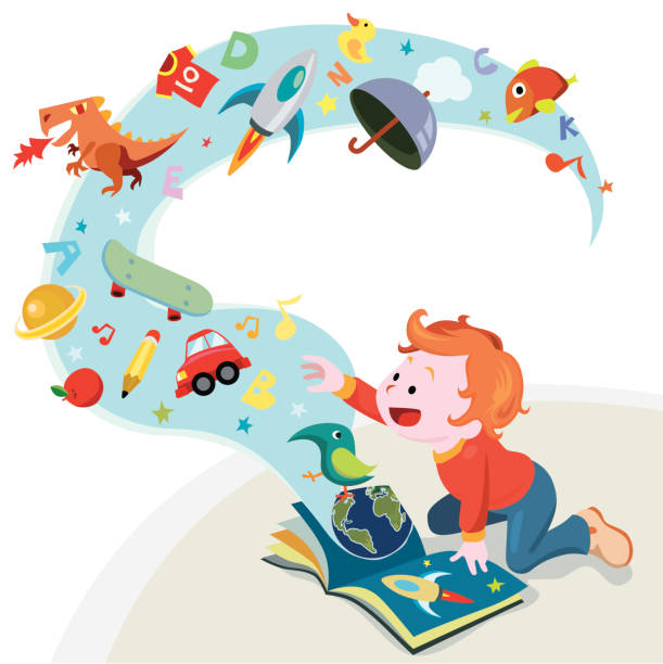 reading story book A little boy reading a book. music class stock illustrations