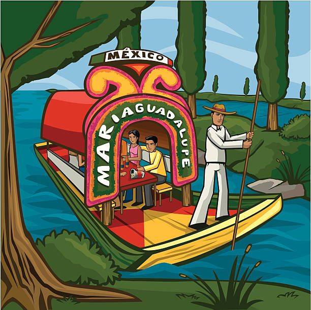 Having fun at Xochimilco A vector illustration of a daily scene at Xochimilco´s waterways in Mexico city´s ecological park. Tourists or locals have a great time while being poled around in Trajineras (the colorful painted boat), eating snacks, drinking, listening to Mariachis and getting to know the place. trajinera stock illustrations
