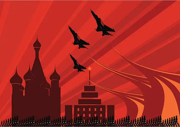 Vector illustration of Soviet army parade with fighters jets flying over