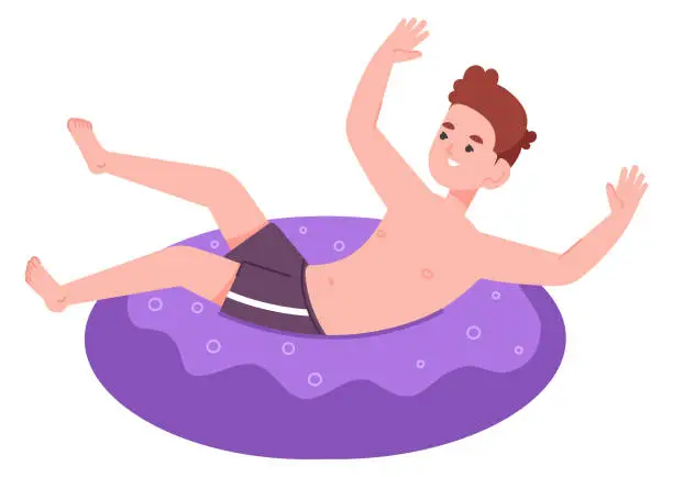 Vector illustration of Boy lay on inflatable donut. Happy kid swimming