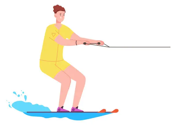 Vector illustration of Woman wakeboarding. Extreme water sport. Joyful summer ride
