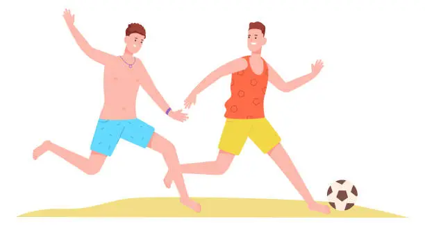 Vector illustration of Men playing soccer on beach. Summer team sport isolated on white