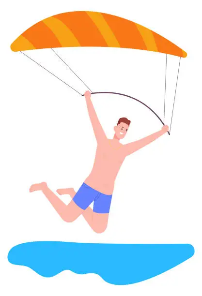 Vector illustration of Kitesurfer character. Young man flying on kite. Summer sport