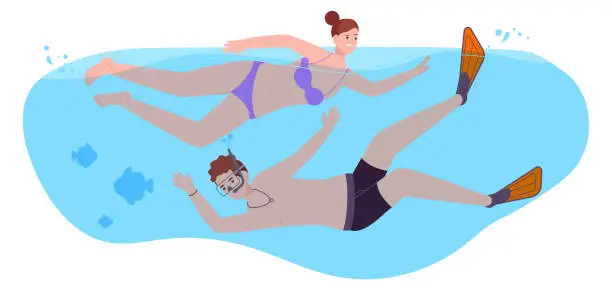 Vector illustration of People swimming and snorkeling. Summer vacation activities