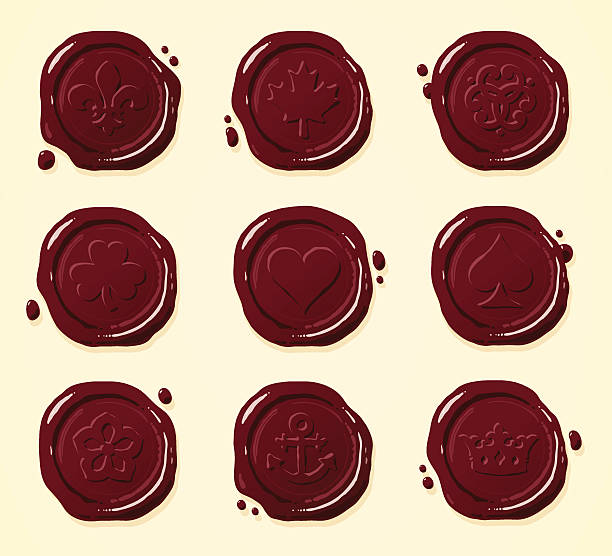 Wax Seals of Various Designs Nine sealing wax stamp designs. Each surrounding seal is of a slightly different shape. hearts playing card illustrations stock illustrations