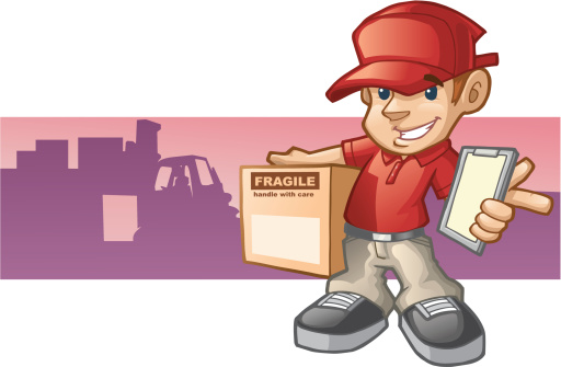 an illustration of a delivery person carrying a box.