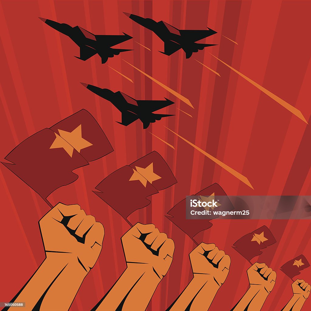 Soviet era propaganda poster style Nice soviet era poster style. Since early days of soviet revolution, posters are a very efficient form of cooptation and propaganda. Fists being brandished in the air as planes fly in formation. Very powerful message. Airplanes are Mig fighter jets flying at supersonic speed. Cold War stock vector