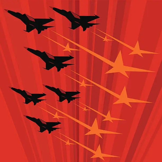 Vector illustration of Soviet propaganda poster with MIG jets flying fast
