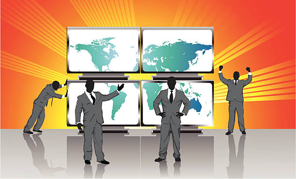 illustrations, cliparts, dessins animés et icônes de téléviseur à écran plasma de travail d'équipe - business global business merger globe