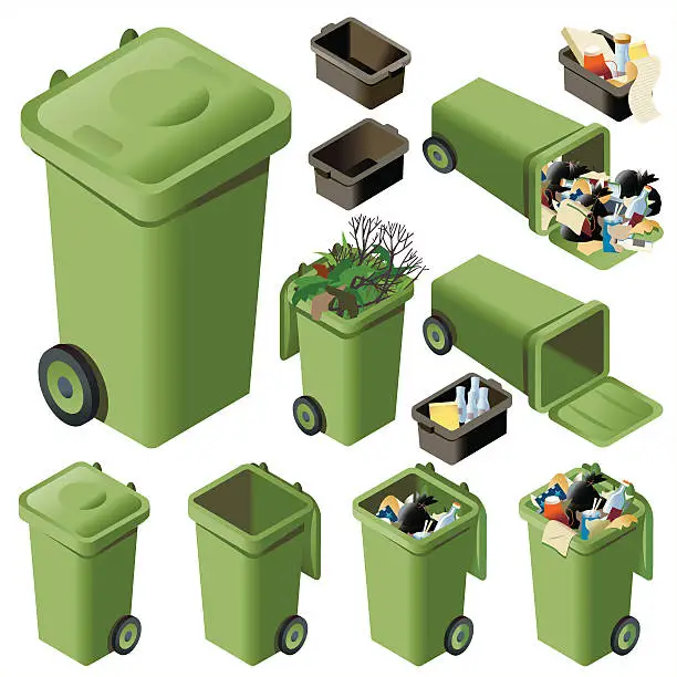 Vector illustration of Wheelie Bins + Recycle Boxes ISO