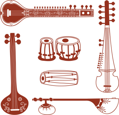 A collection of North Indian musical instruments (strings: 2 sitars, sarod, tanpura; drums: tabla, dholak) inspired by the art of henna painting. (includes .jpg)