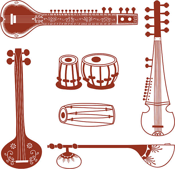 Mehndi Indian Instruments (Vector) A collection of North Indian musical instruments (strings: 2 sitars, sarod, tanpura; drums: tabla, dholak) inspired by the art of henna painting. (includes .jpg) indian music stock illustrations