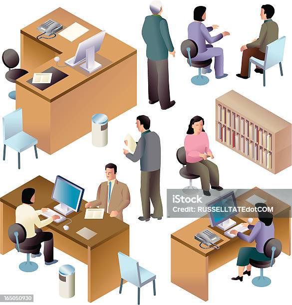 Seated Office People Iso Stock Illustration - Download Image Now - Isometric Projection, Computer, Desk