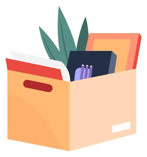 Vector illustration of Cardboard box with stuff. Office supplies and decoration container