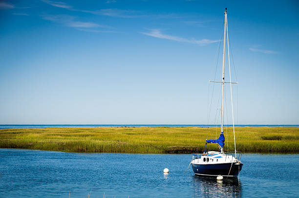 azul e branco veleiro - cape cod bay imagens e fotografias de stock