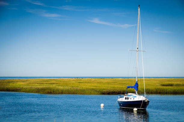 синий и белый парусная лодка - august cape cod massachusetts new england стоковые фото и изображения