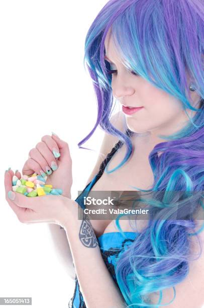 Blue Purple Haired Woman With Easter Candy Stock Photo - Download Image Now - Corset, Easter Egg, 25-29 Years