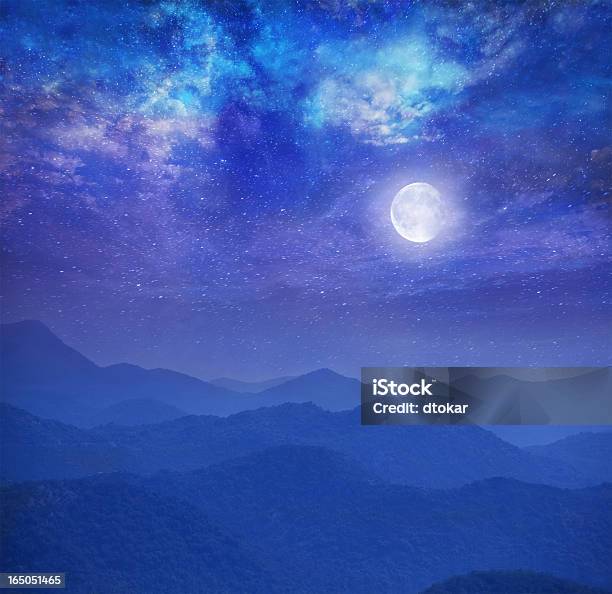 Galaxy With Moon In Mountains Stock Photo - Download Image Now - Moon Surface, Moon, Planetary Moon