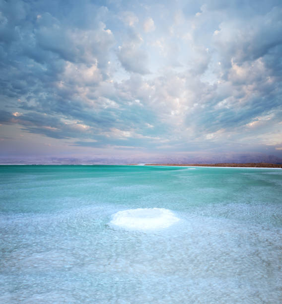 Salt island in Dead sea during sunset and clouds. Israel