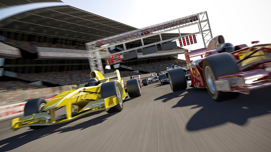 open-wheel single-seater racing car type racing cars speeding down the straight in front of a stadium filled with people. All elements are designed and modelled by myself. All markings and designs are entirely fictitious. Very high resolution 3D render.