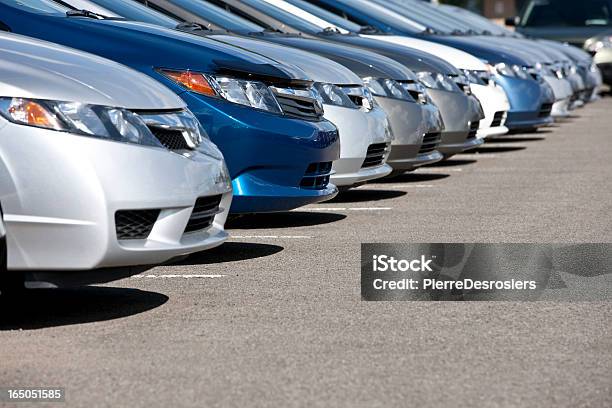 Line Of New Compact Cars At Dealership Stock Photo - Download Image Now - Car, Car Dealership, Parking Lot
