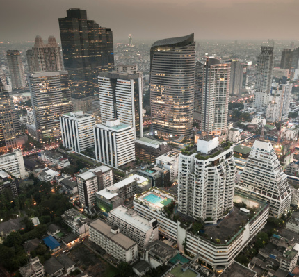 Panoramic view of urban landscape in Bangkok Thailand in twilight time at high rise building