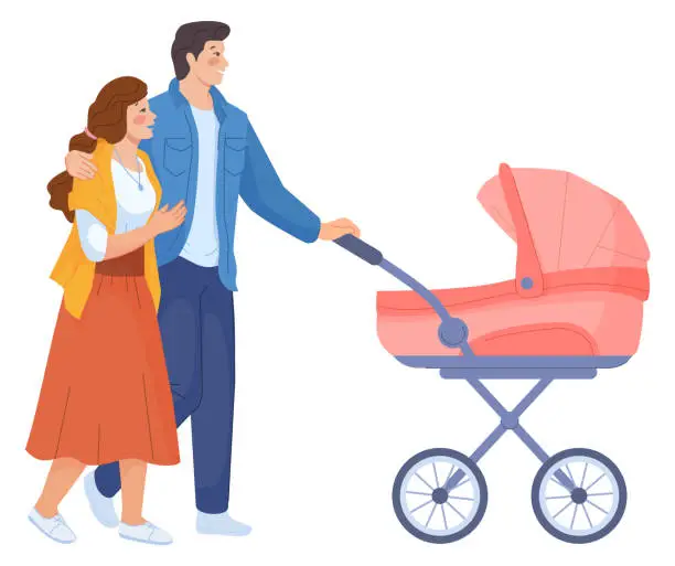 Vector illustration of Young parents pushing baby carryiage. Happy couple