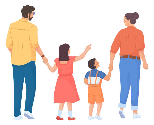 rodzinny pieszy widok z tyłu. rodzice i dzieci razem - od tyłu stock illustrations