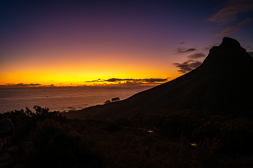 View of Lion's head from Kloof Corner hike at sunset in Cape Town, Western Cape, South Africa. High quality photo