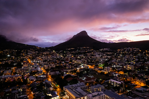 Aerial view of Cape Town city centre at sunset in Western Cape, South Africa, Africa