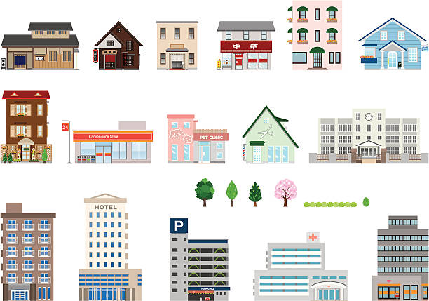 Set of assorted building icons Icon of the building hotel illustrations stock illustrations