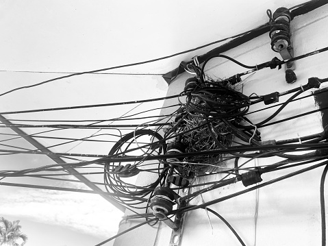 Clutter from both wires, telephone lines and internet lines, as well as bird's nests.