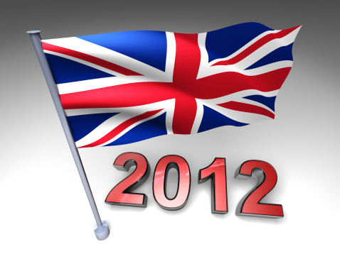 2012 design and Britain flag on a pole