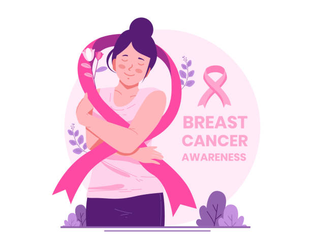 kuvapankkikuvitukset aiheesta rintasyöpätietoisuuskuukausi. nainen, jolla on vaaleanpunainen nauha huolenaiheena ja tukena rintasyöpää sairastaville naisille. naisten terveysalan yhteisvastuuta ja sairauksien ehkäisyä koskeva kampanja - rintasyöpätietoisuus