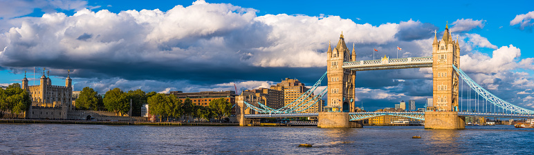 The iconic battlements of Tower Bridge spanning the River Thames at Southwark in the heart of London.