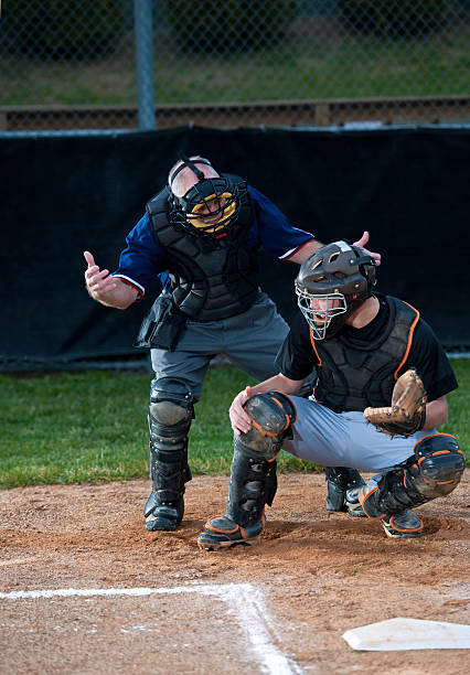 Baseball Umpire And Catcher Baseball Umpire And Baseball Catcher At Home Plate. They are arguing over a call. baseball hand signals stock pictures, royalty-free photos & images