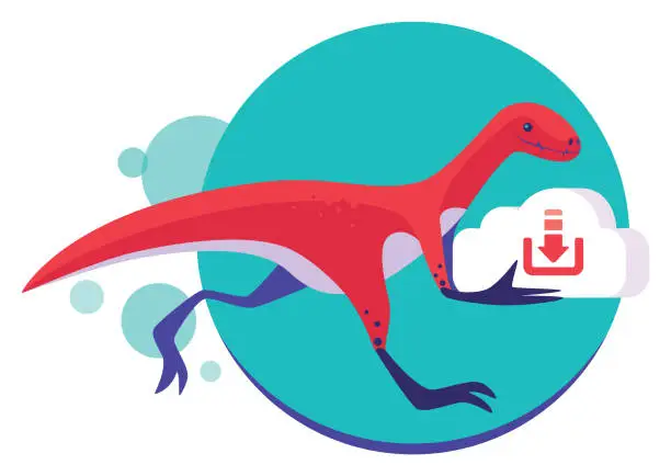 Vector illustration of velociraptor carrying cloud with downloading icon and running