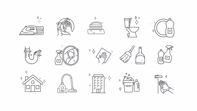 Set of black linear icon animations representing housekeeping, HD video with transparent background, seamless loop 4K video