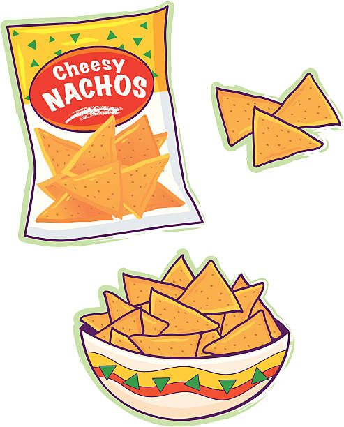 Cartoon of nacho cheese tortilla chips Ai8, eps, & high res CMYK & RGB JPEGs included (8"x9.5"). Items individually grouped. Green shadows on a separate layer. nacho chip stock illustrations