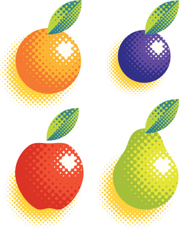 Fruit illustrations using halftone dots.